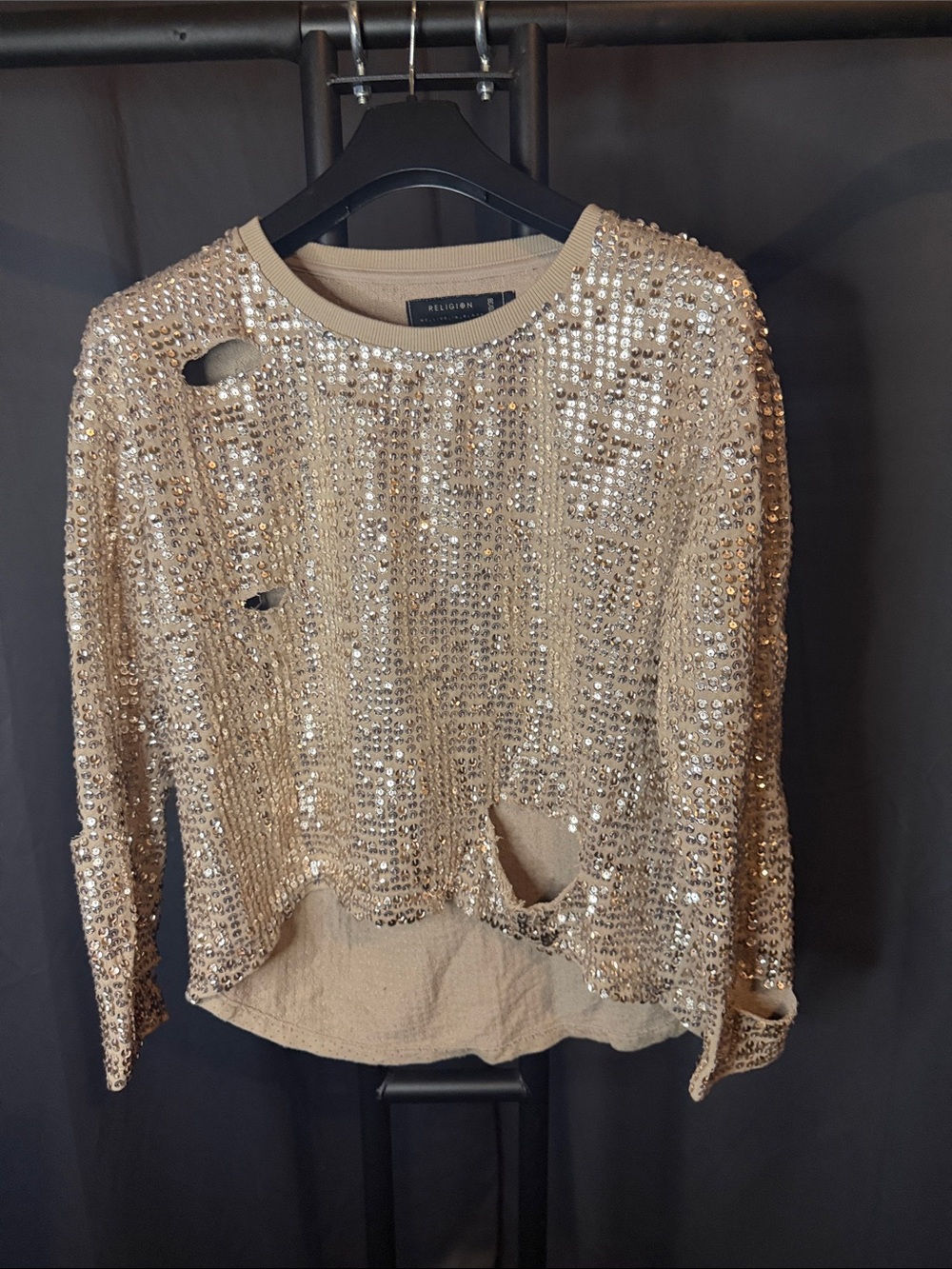 Beige Sequin Distressed Long-Sleeve French terry sweatshirt .